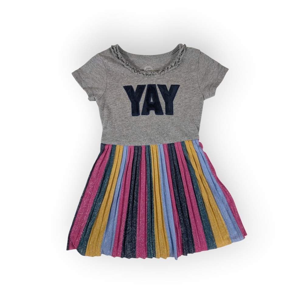 Wonder Nation Girls Yay Pleated Metallic Stripe Dress Gray Multi XS 4-5